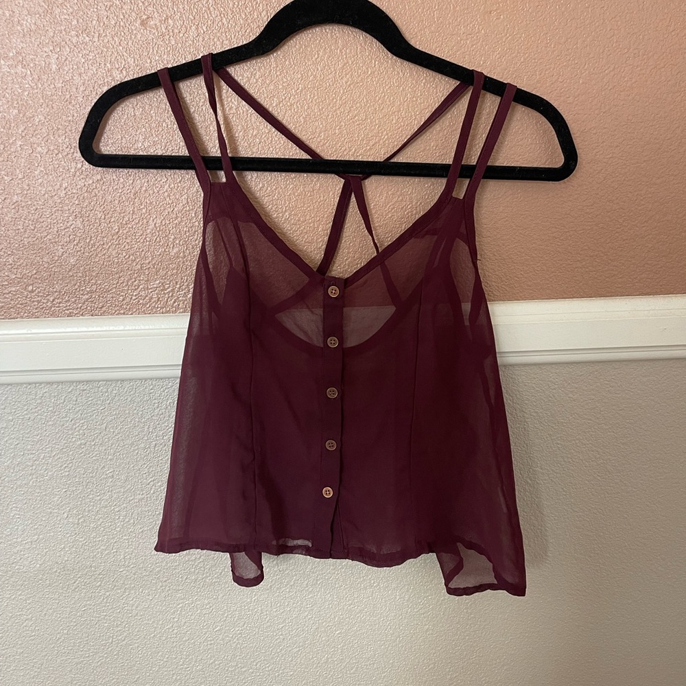 Brandy Melville Mesh See Through Tank Top Button Front Burgundy